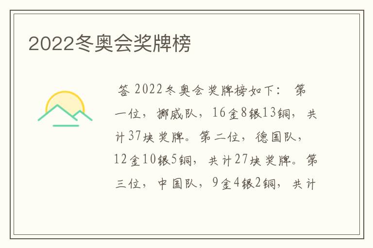 2022冬奥会奖牌榜
