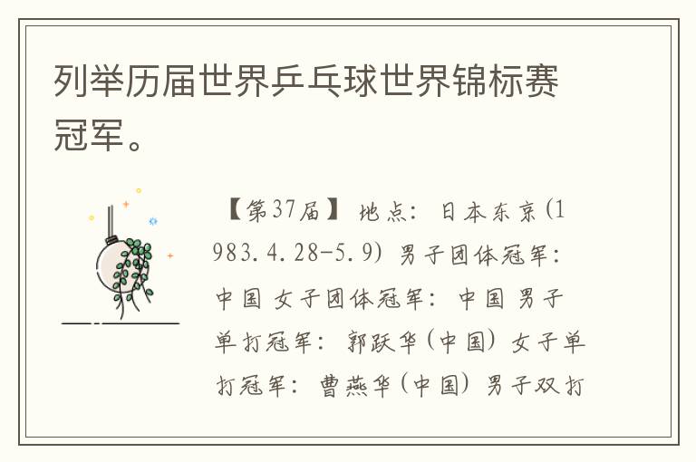列举历届世界乒乓球世界锦标赛冠军。
