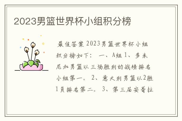 2023男篮世界杯小组积分榜