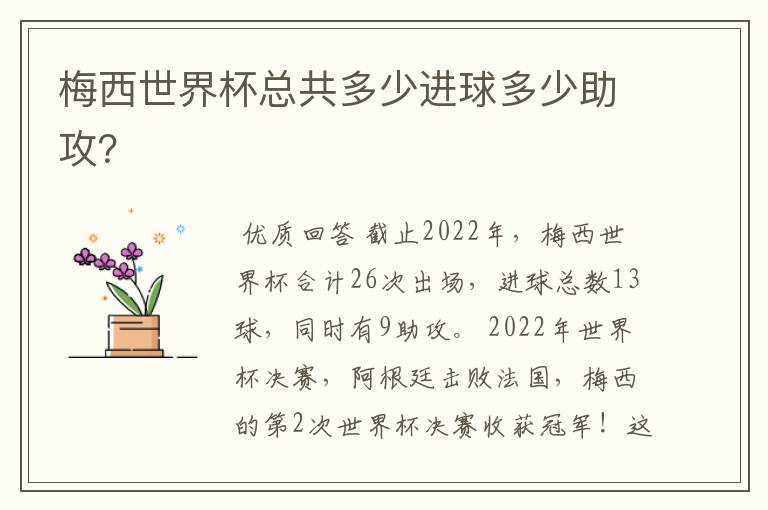 梅西世界杯总共多少进球多少助攻?