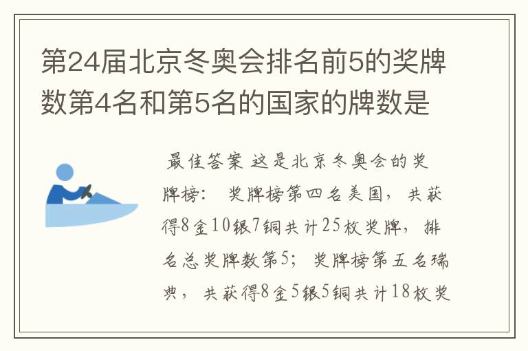 第24届北京冬奥会排名前5的奖牌数第4名和第5名的国家的牌数是多少？