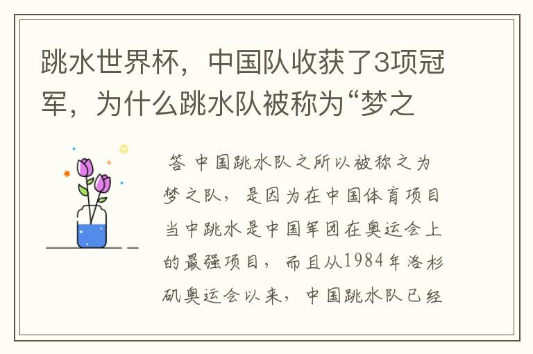 跳水世界杯,中国队收获了3项冠军,为什么跳水队被称为“梦之队”?