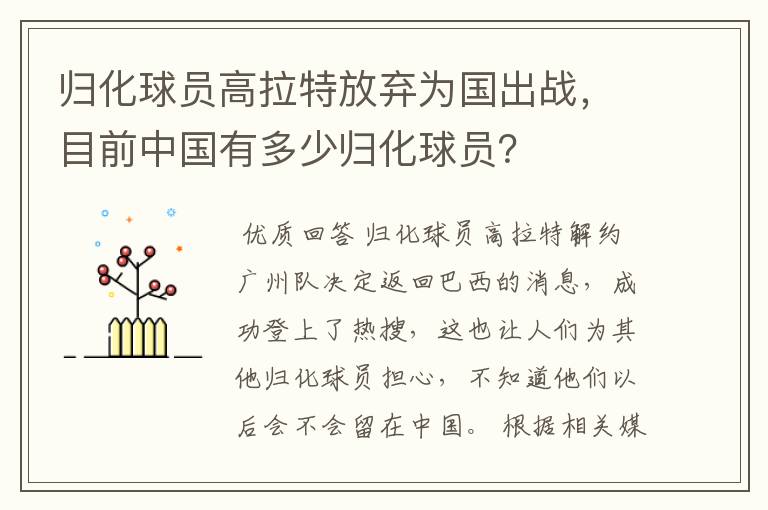 归化球员高拉特放弃为国出战,目前中国有多少归化球员?