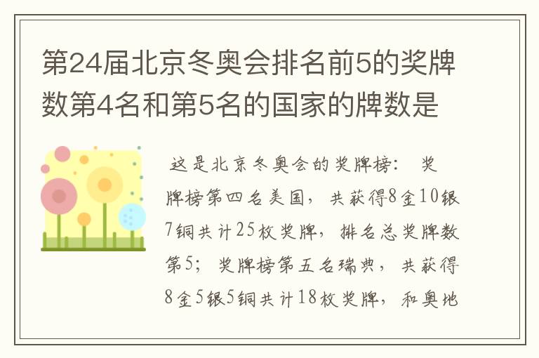 第24届北京冬奥会排名前5的奖牌数第4名和第5名的国家的牌数是多少?