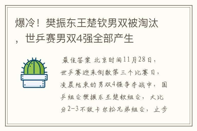 爆冷!樊振东王楚钦男双被淘汰,世乒赛男双4强全部产生