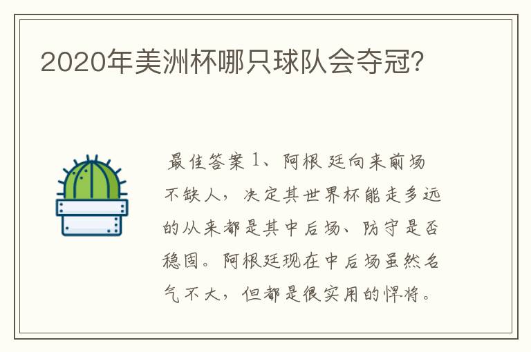 2020年美洲杯哪只球队会夺冠?