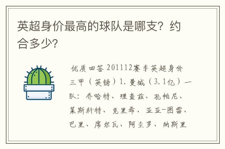 英超身价最高的球队是哪支?约合多少?