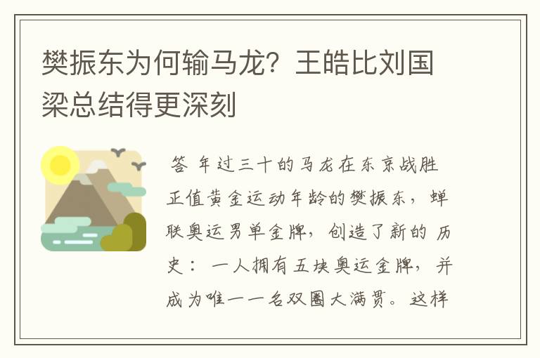 樊振东为何输马龙?王皓比刘国梁总结得更深刻