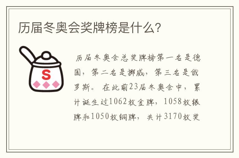 历届冬奥会奖牌榜是什么?