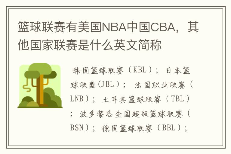 篮球联赛有美国NBA中国CBA,其他国家联赛是什么英文简称