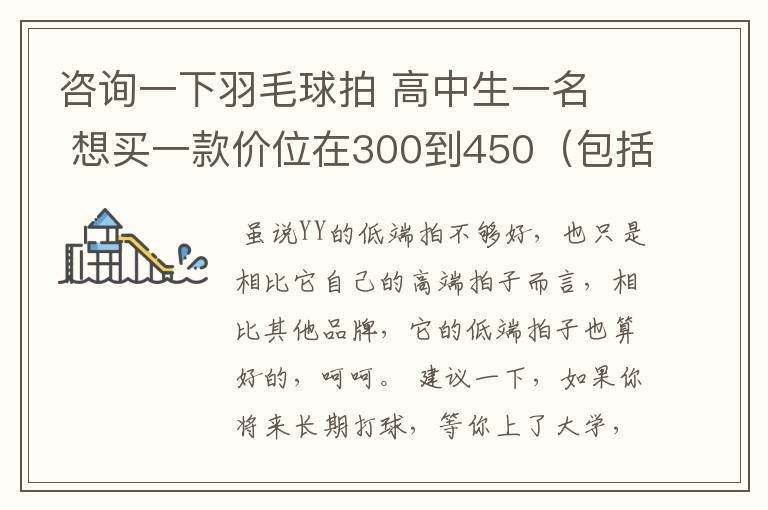 咨询一下羽毛球拍 高中生一名 想买一款价位在300到450(包括拍线和手胶.
