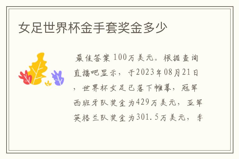 女足世界杯金手套奖金多少