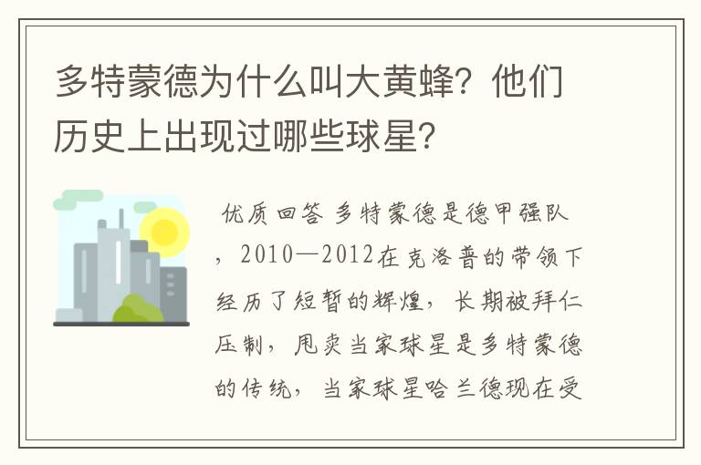 多特蒙德为什么叫大黄蜂?他们历史上出现过哪些球星?