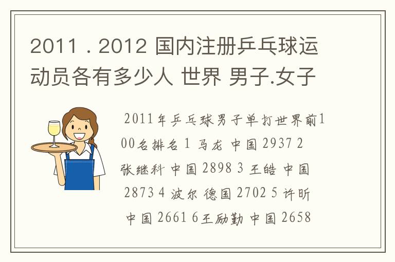2011 . 2012 国内注册乒乓球运动员各有多少人 世界 男子.女子 排名前100的名单