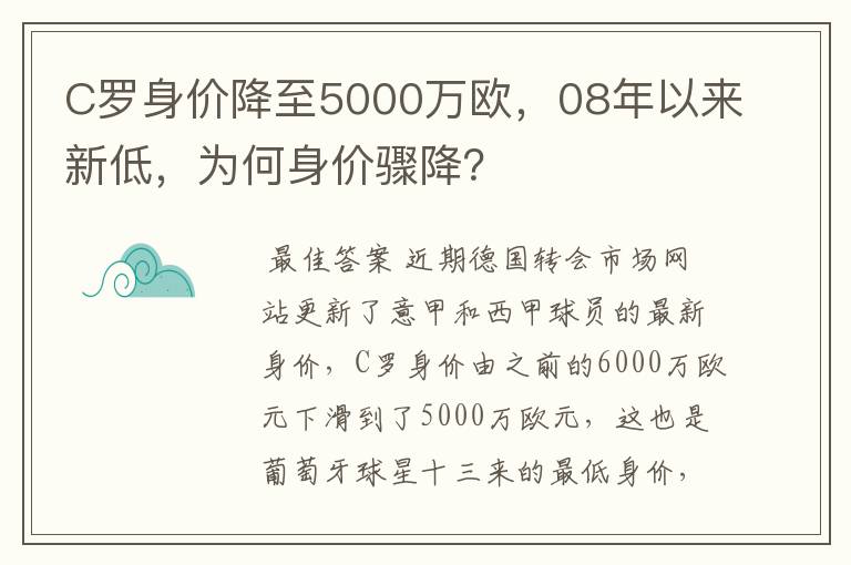 C罗身价降至5000万欧,08年以来新低,为何身价骤降?