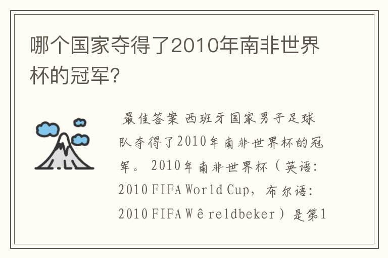 哪个国家夺得了2010年南非世界杯的冠军?