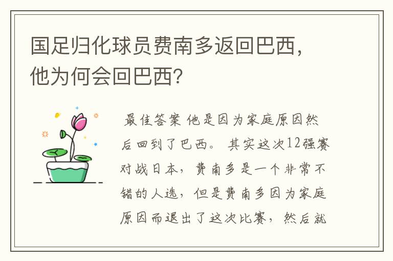 国足归化球员费南多返回巴西,他为何会回巴西?