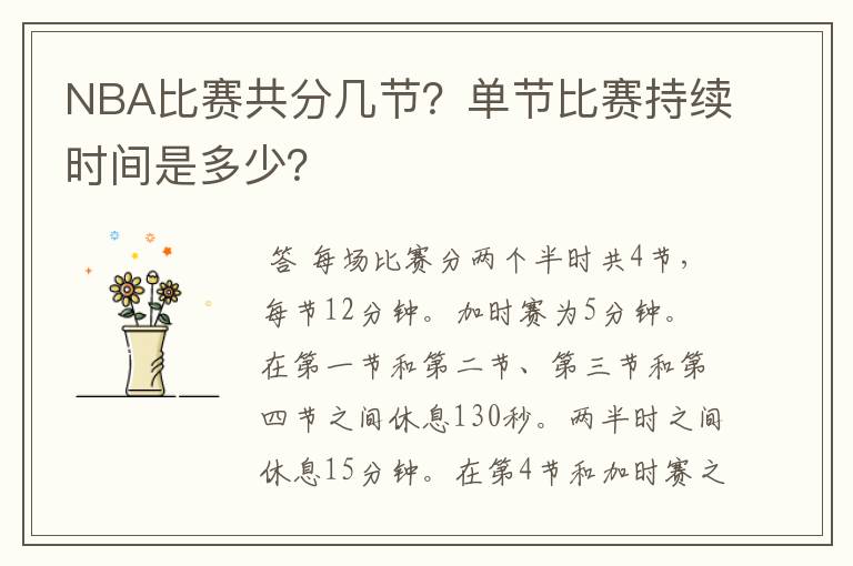 NBA比赛共分几节?单节比赛持续时间是多少?