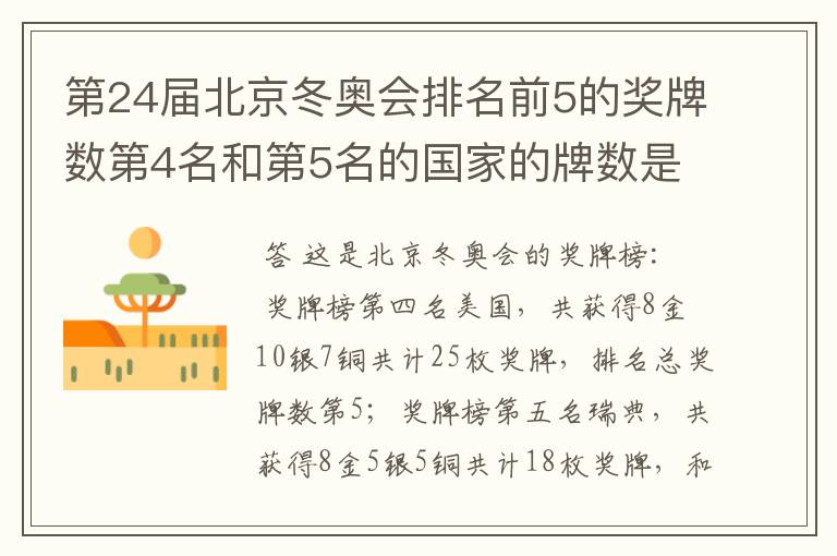 第24届北京冬奥会排名前5的奖牌数第4名和第5名的国家的牌数是多少?