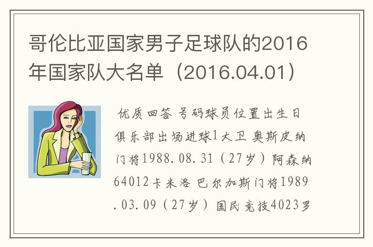 哥伦比亚国家男子足球队的2016年国家队大名单(2016.04.01)