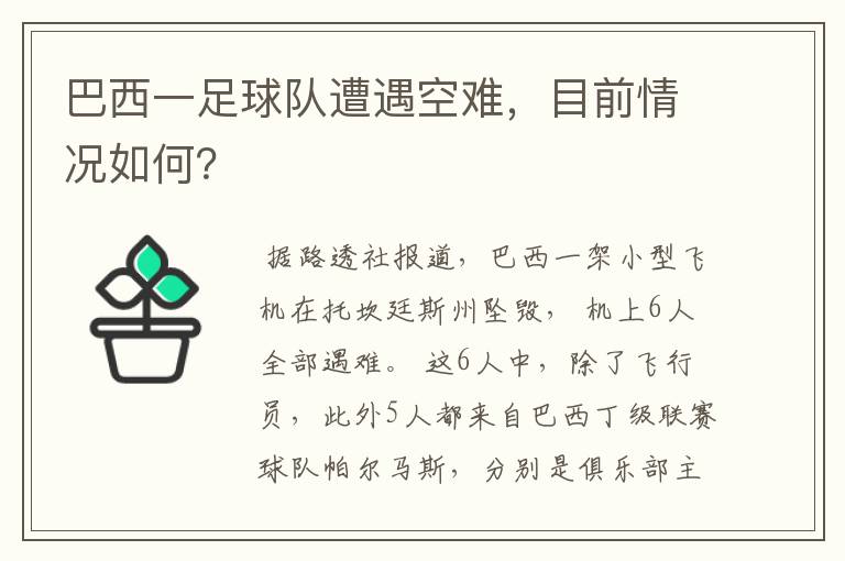 巴西一足球队遭遇空难,目前情况如何?