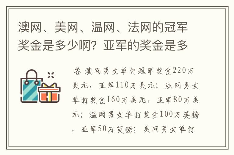 澳网、美网、温网、法网的冠军奖金是多少啊?亚军的奖金是多少啊?