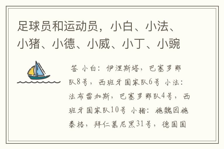 足球员和运动员,小白、小法、小猪、小德、小威、小丁、小豌豆分别是指谁?来自那