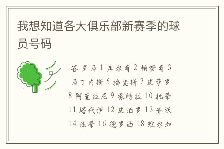 我想知道各大俱乐部新赛季的球员号码