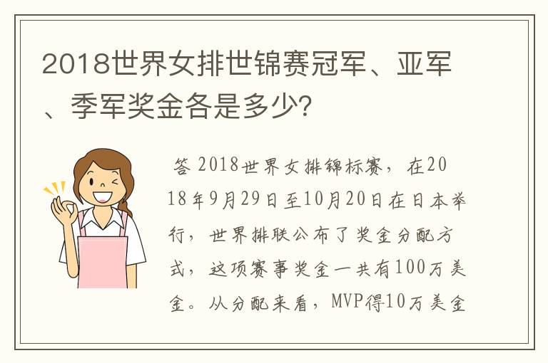 2018世界女排世锦赛冠军、亚军、季军奖金各是多少?