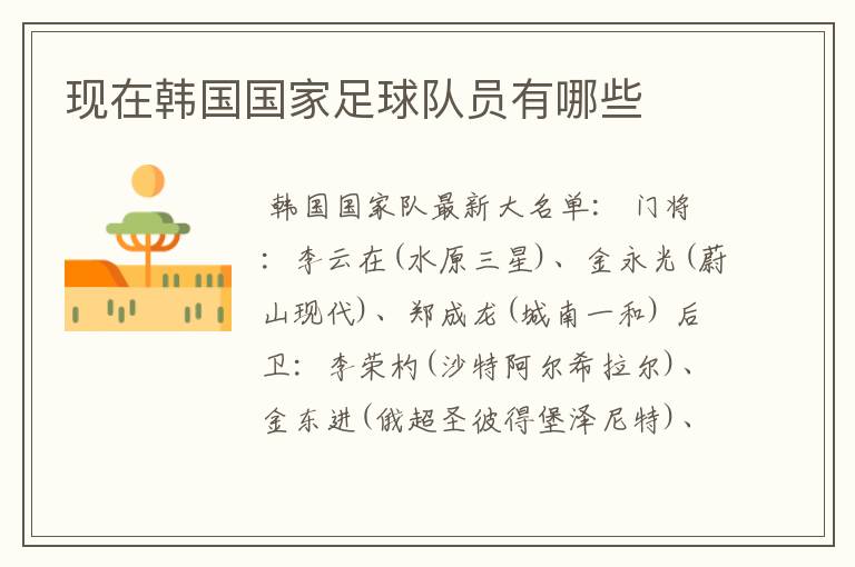 现在韩国国家足球队员有哪些