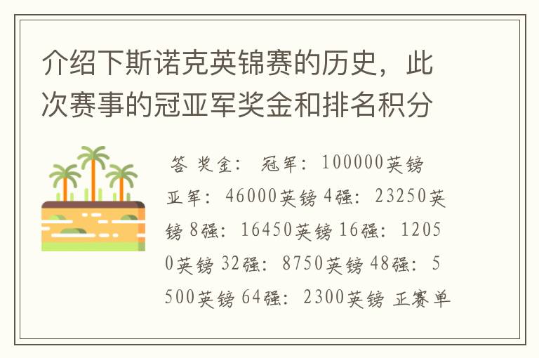 介绍下斯诺克英锦赛的历史,此次赛事的冠亚军奖金和排名积分各是多少?