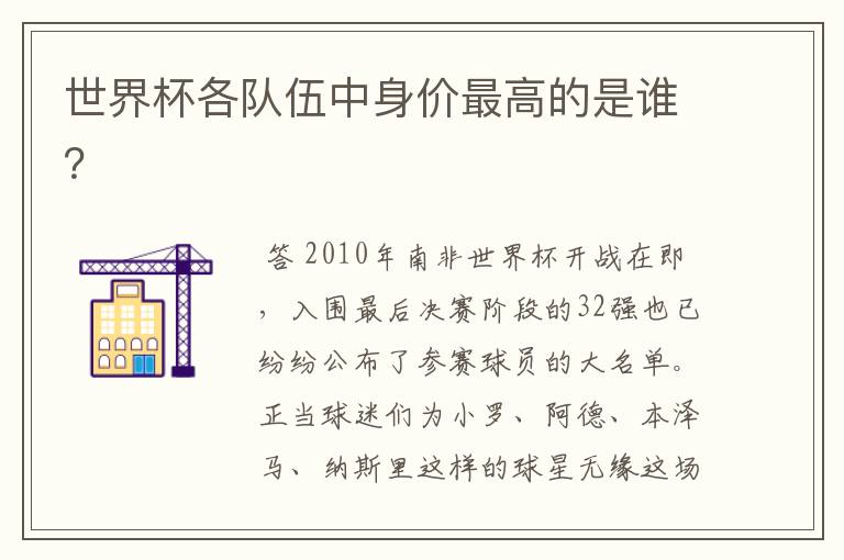 世界杯各队伍中身价最高的是谁?