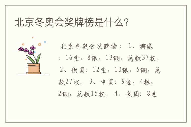 北京冬奥会奖牌榜是什么?