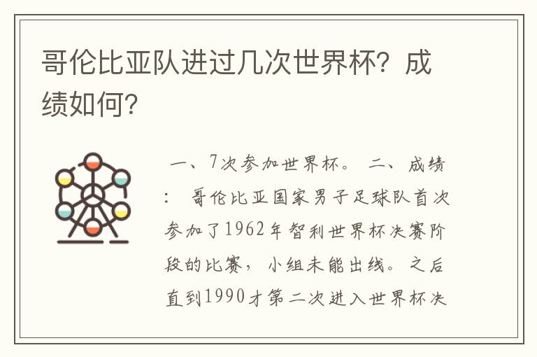 哥伦比亚队进过几次世界杯?成绩如何?