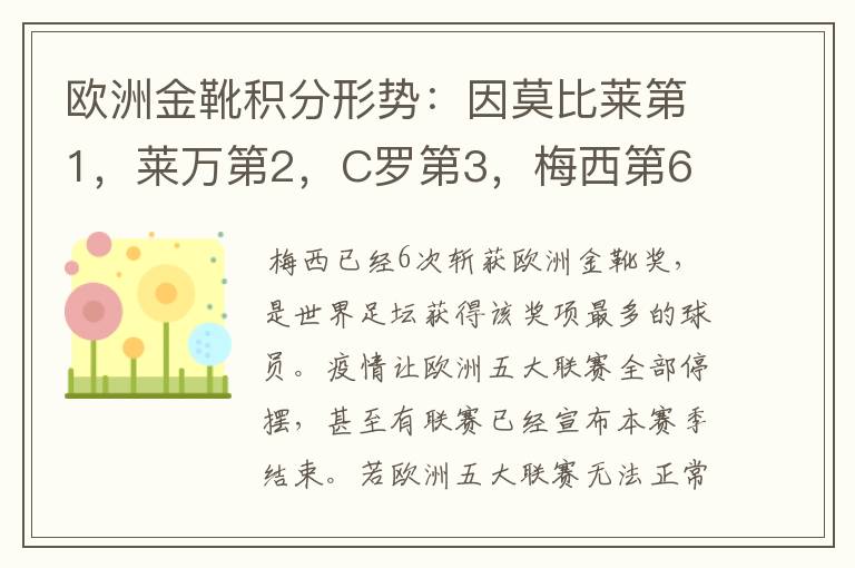 欧洲金靴积分形势:因莫比莱第1,莱万第2,C罗第3,梅西第6