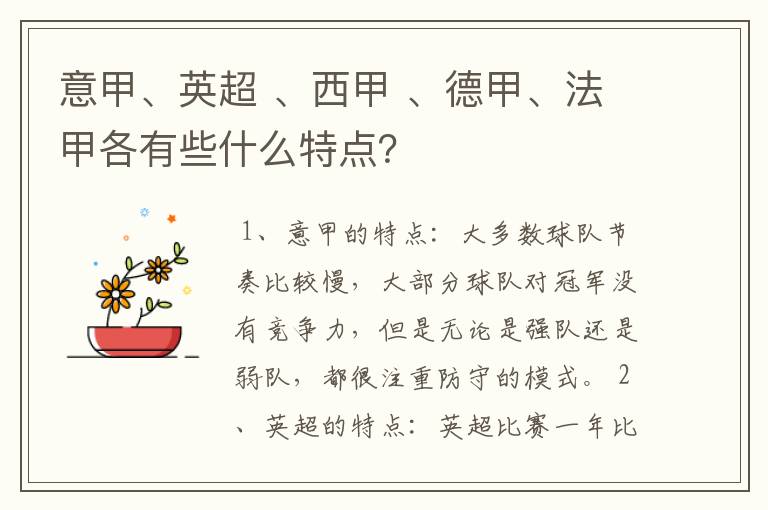 意甲、英超 、西甲 、德甲、法甲各有些什么特点?