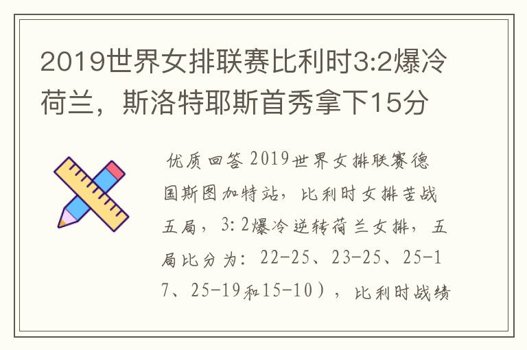 2019世界女排联赛比利时3:2爆冷荷兰,斯洛特耶斯首秀拿下15分