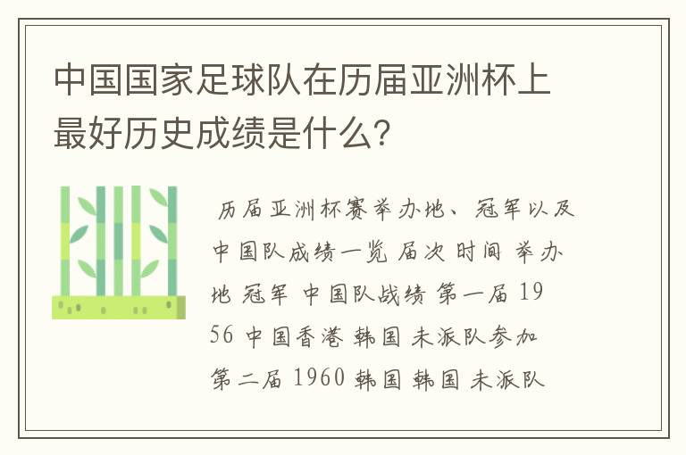 中国国家足球队在历届亚洲杯上最好历史成绩是什么?