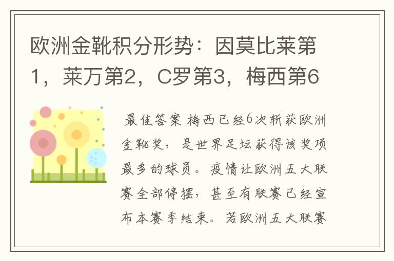 欧洲金靴积分形势:因莫比莱第1,莱万第2,C罗第3,梅西第6