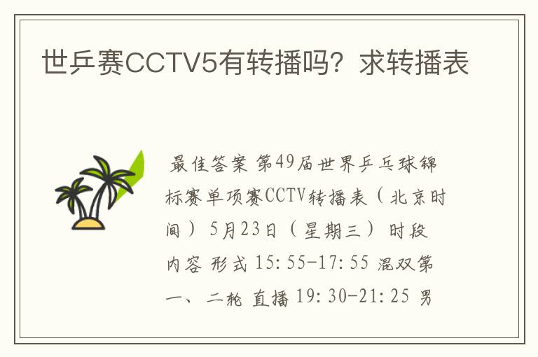 世乒赛CCTV5有转播吗?求转播表