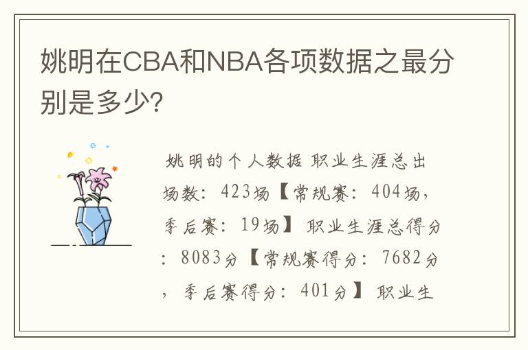 姚明在CBA和NBA各项数据之最分别是多少?