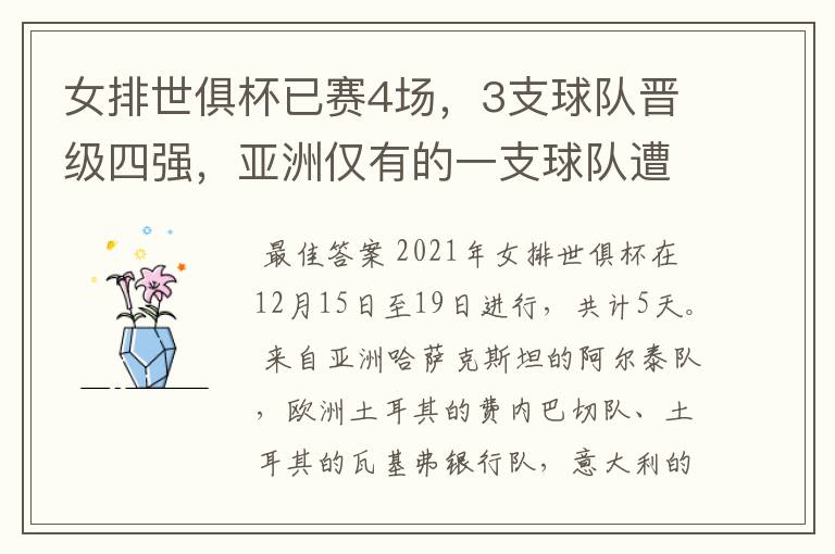 女排世俱杯已赛4场,3支球队晋级四强,亚洲仅有的一支球队遭淘汰