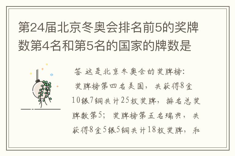 第24届北京冬奥会排名前5的奖牌数第4名和第5名的国家的牌数是多少？