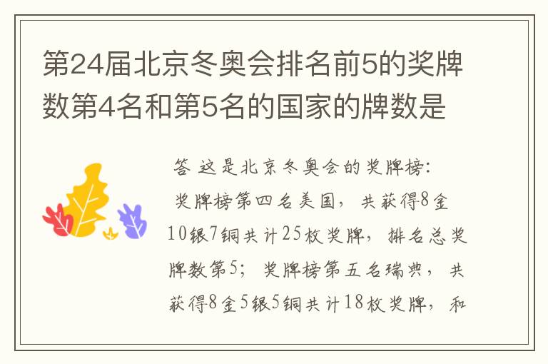 第24届北京冬奥会排名前5的奖牌数第4名和第5名的国家的牌数是多少?