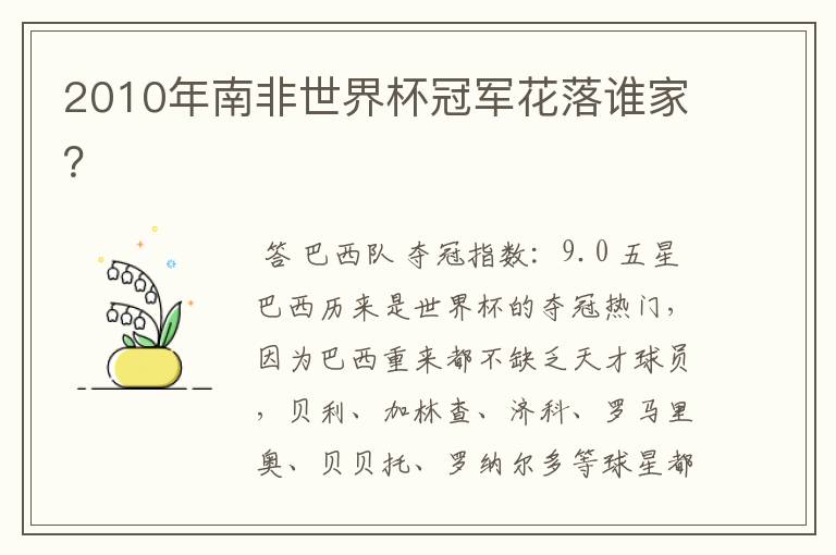 2010年南非世界杯冠军花落谁家?