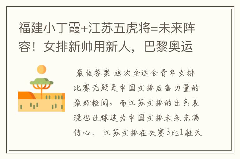 福建小丁霞+江苏五虎将=未来阵容!女排新帅用新人,巴黎奥运有戏