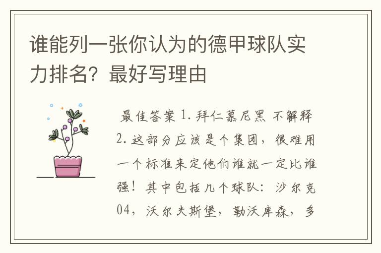 谁能列一张你认为的德甲球队实力排名?最好写理由