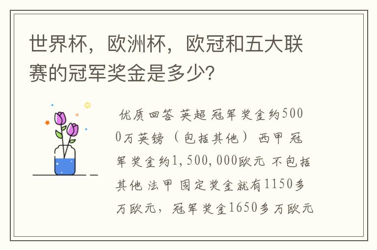 世界杯,欧洲杯,欧冠和五大联赛的冠军奖金是多少?