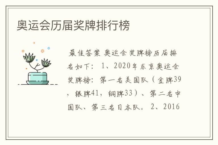 奥运会历届奖牌排行榜