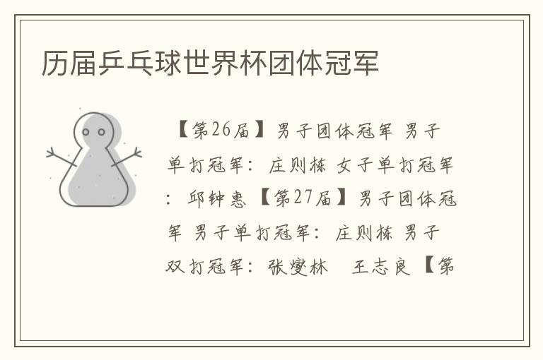 历届乒乓球世界杯团体冠军